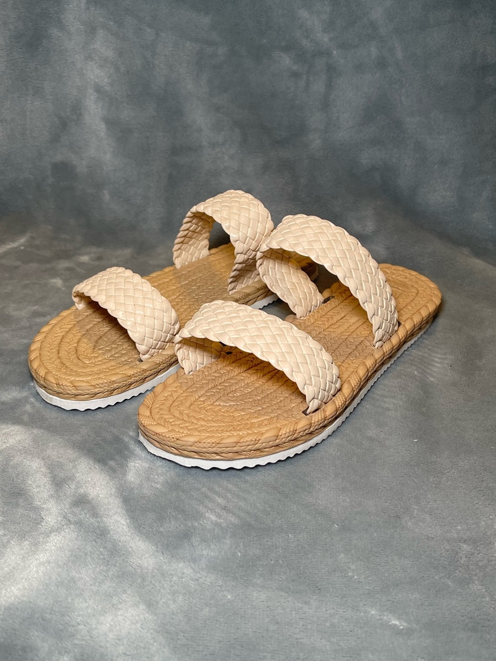 Woven Double-Strap Slide Sandals in Beige